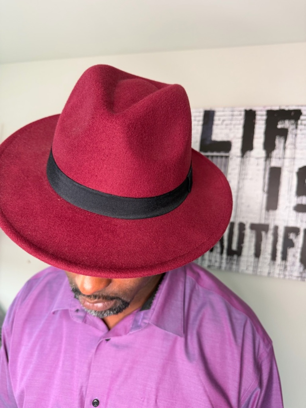 Burgundy Fedora Hat with Black Band Unisex - Picture 4 of 9